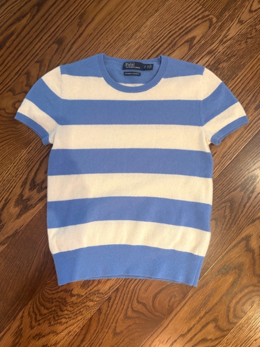 Polo by Ralph Lauren Blue and White Striped Cashmere Short Sleeve Sweater
